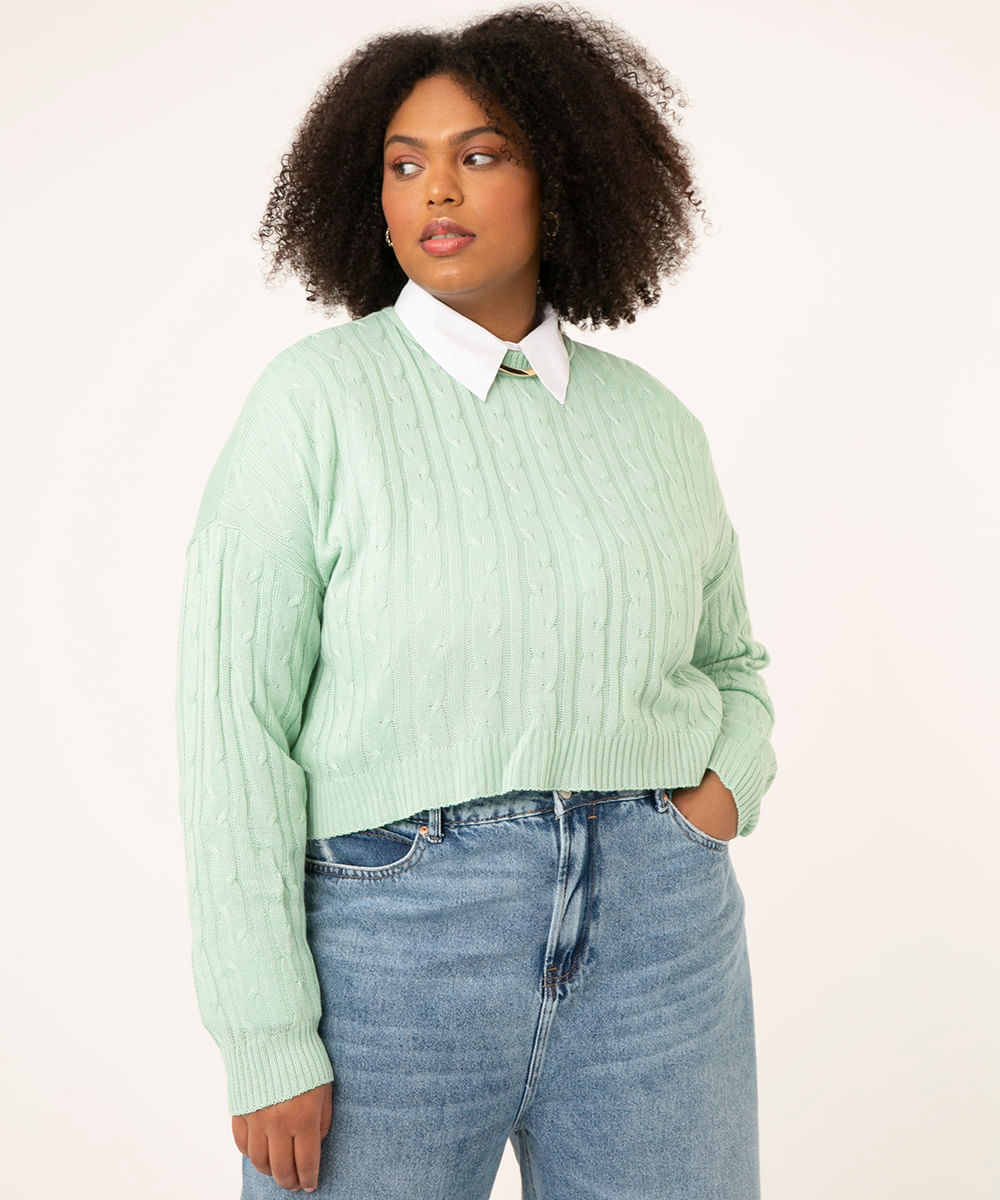 suéter cropped de tricô plus size decote redondo verde