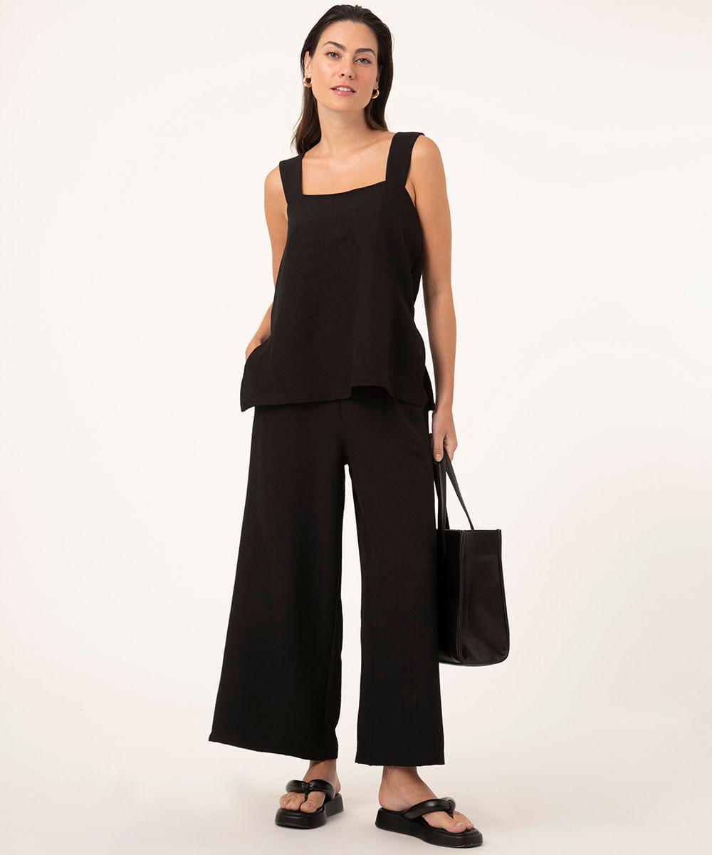 calça wide leg cropped cintura alta preta