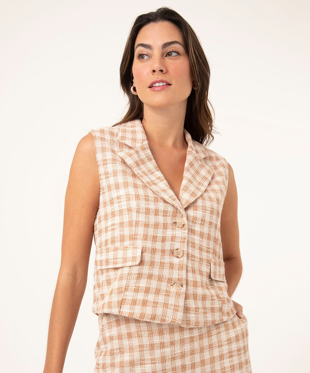 colete alfaiataria de tweed xadrez bege
