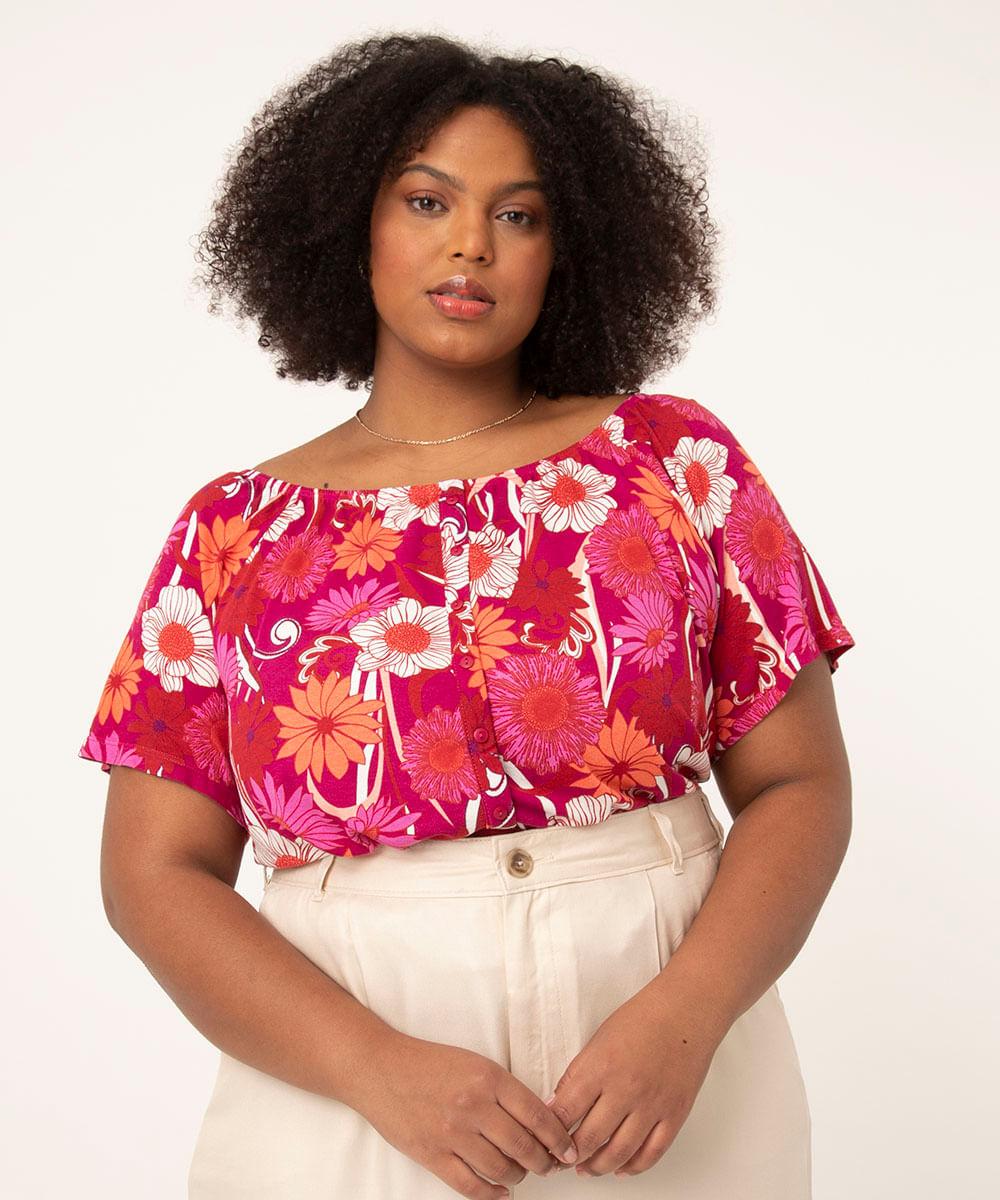 blusa ombro a ombro plus size manga curta estampa floral pink