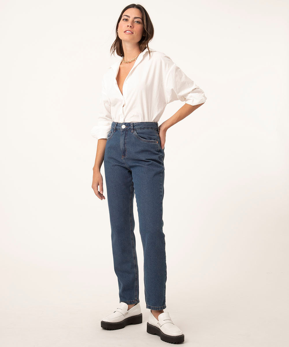 calça jeans mom básica cintura super alta azul escuro