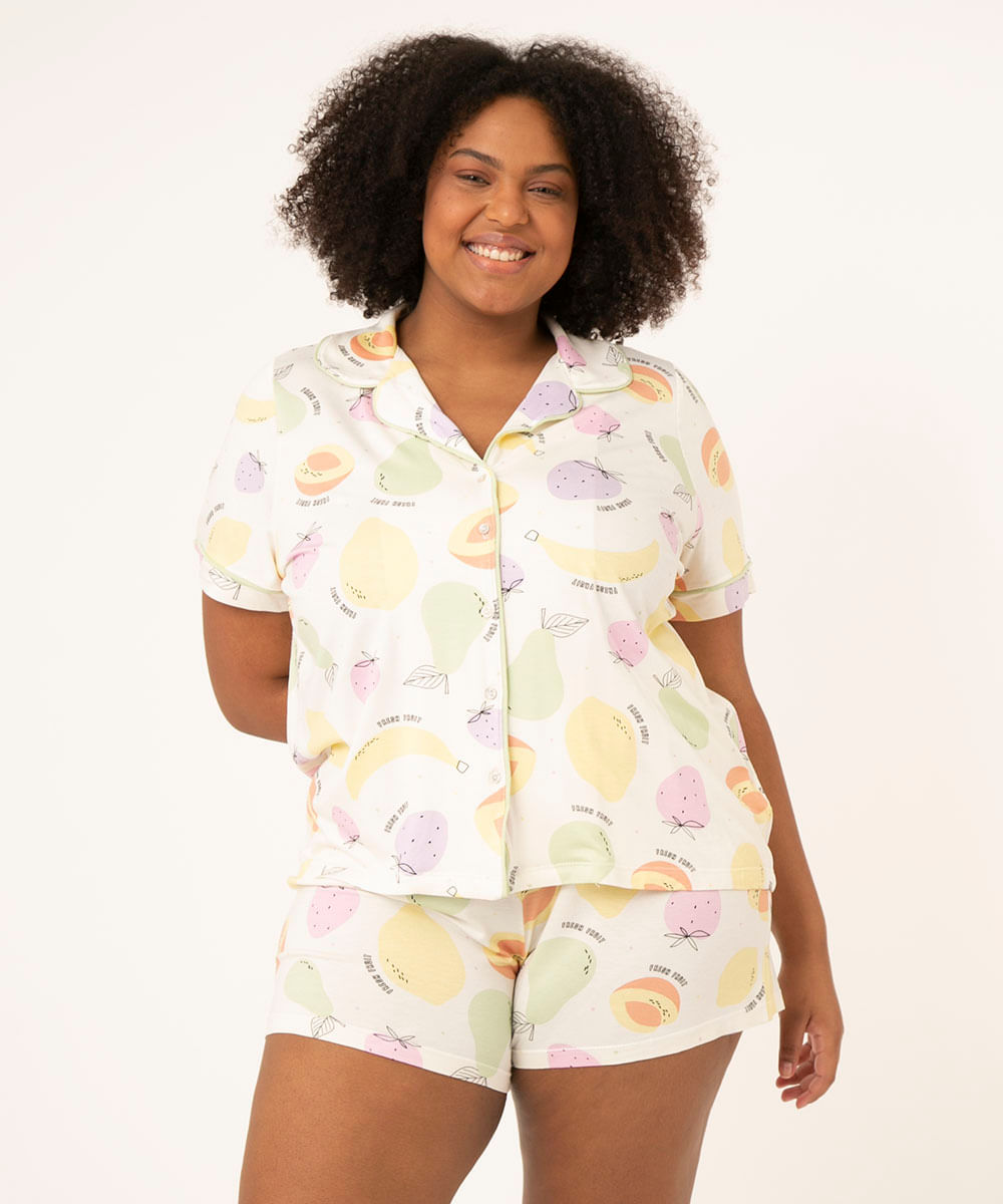 pijama plus size americano estampado frutas manga curta off white