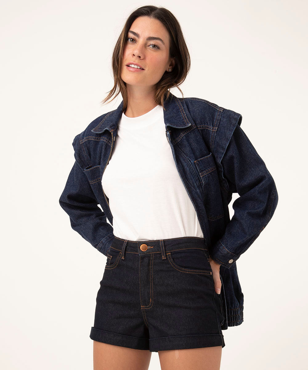 short jeans hot pant cintura super alta azul escuro