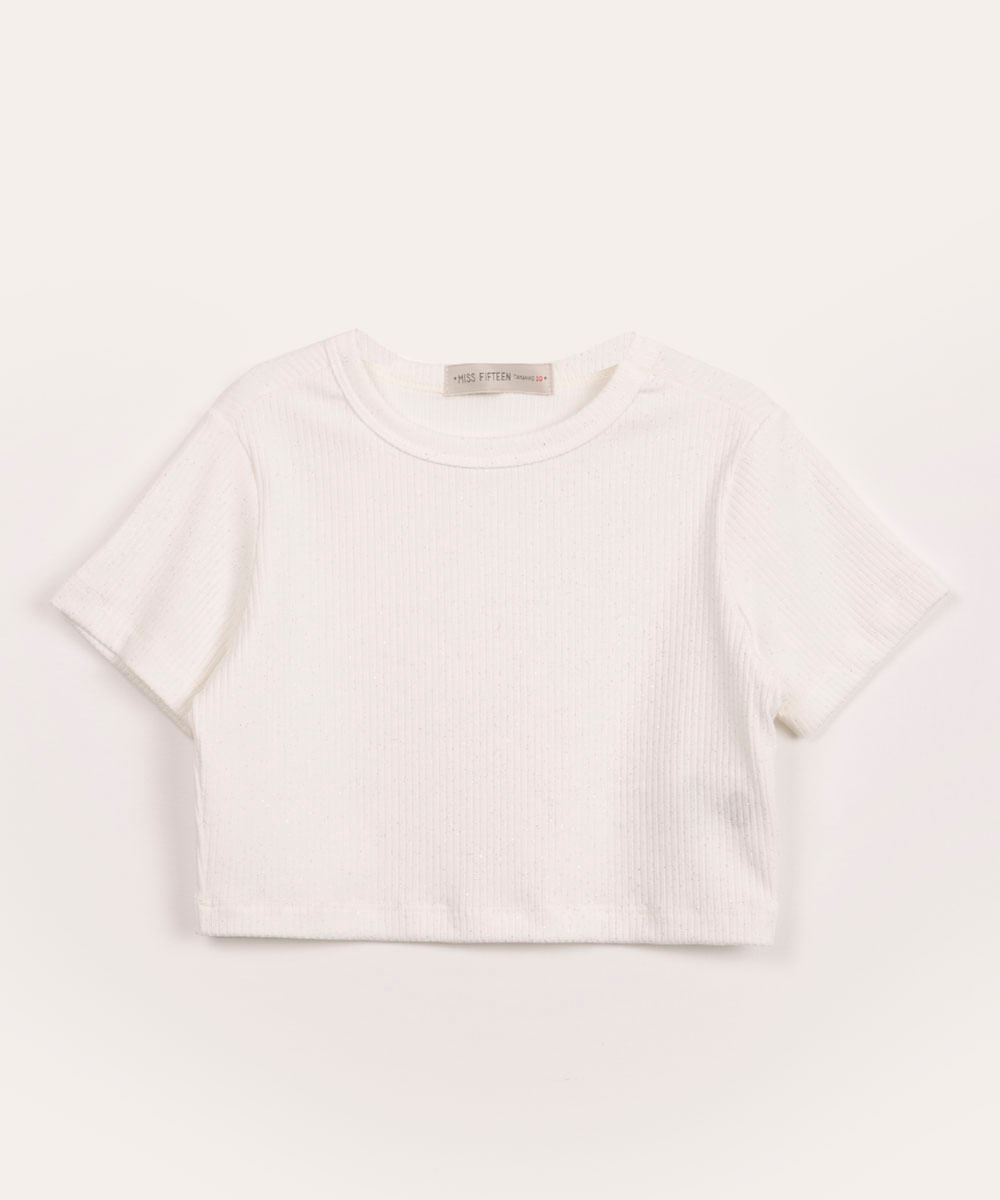 blusa juvenil cropped canelada com glitter manga curta off white