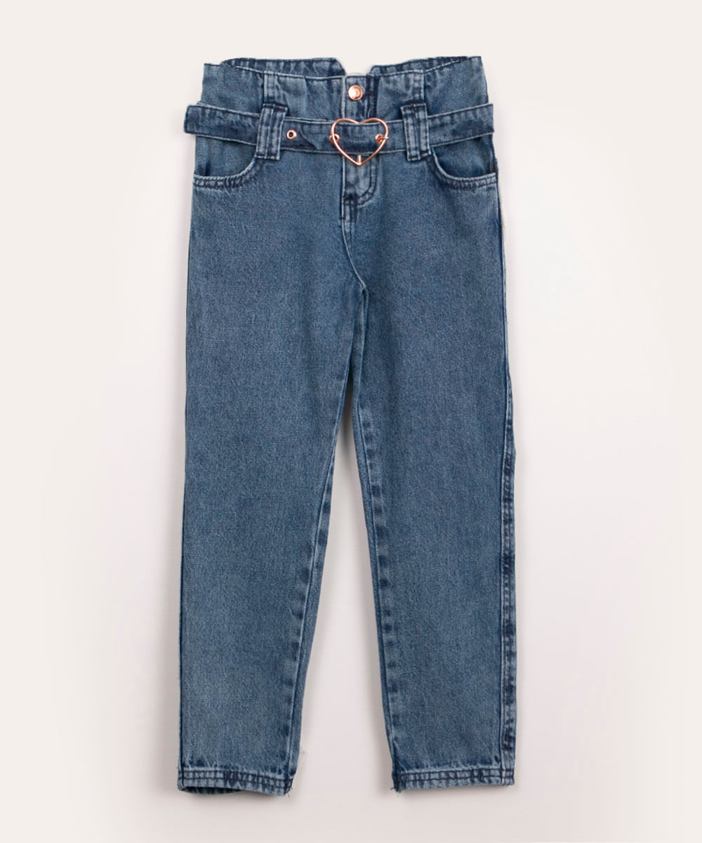 calça jeans infantil clochard com cinto azul médio