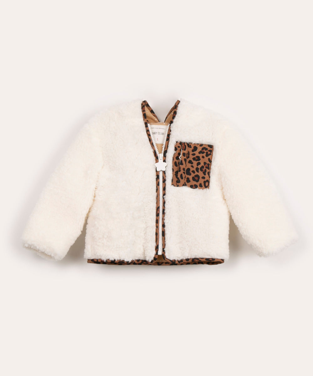 jaqueta infantil de sherpa animal print com capuz off white