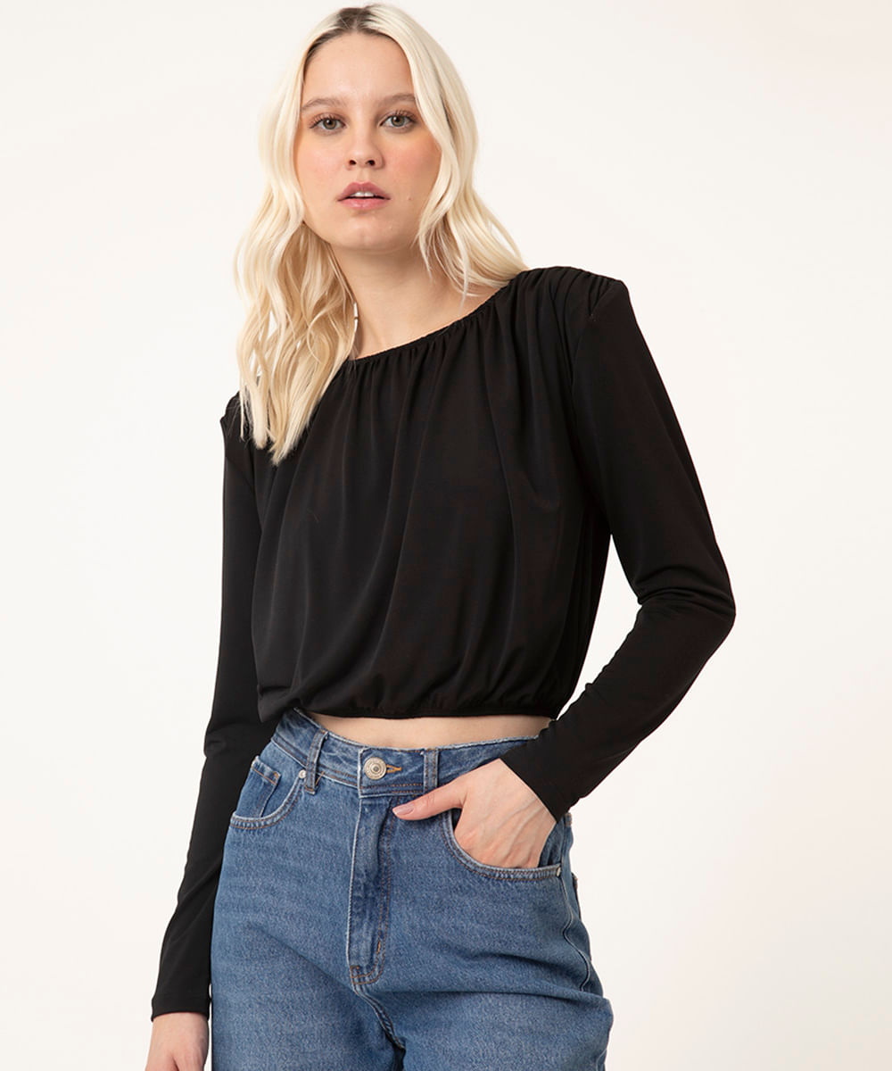 blusa cropped manga longa com ombreiras preta