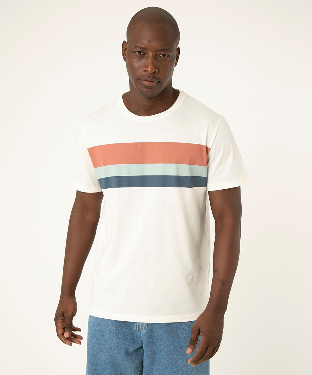 camiseta de algodão manga curta listras bege claro