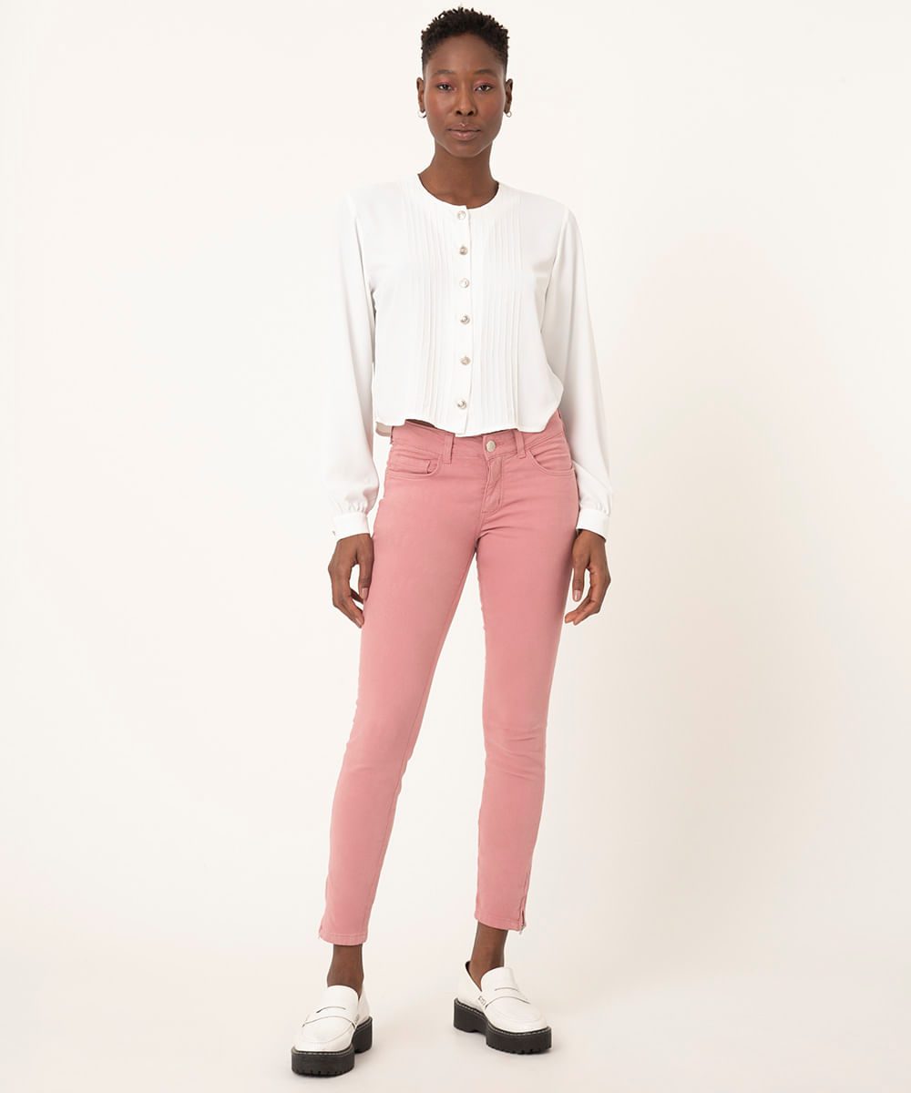calça de sarja super skinny cintura média rosa