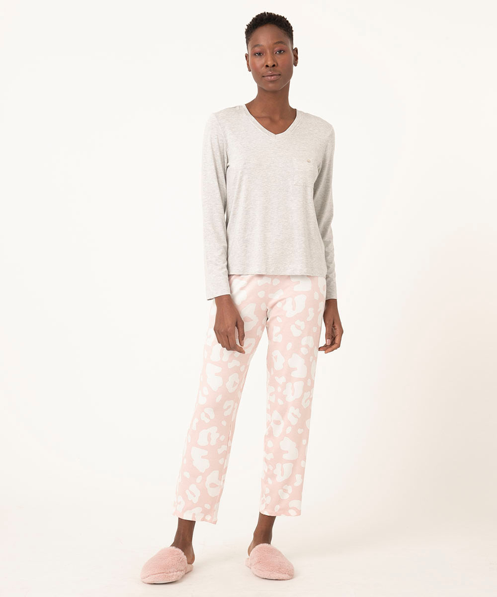 pijama manga longa + calça animal print rosa claro