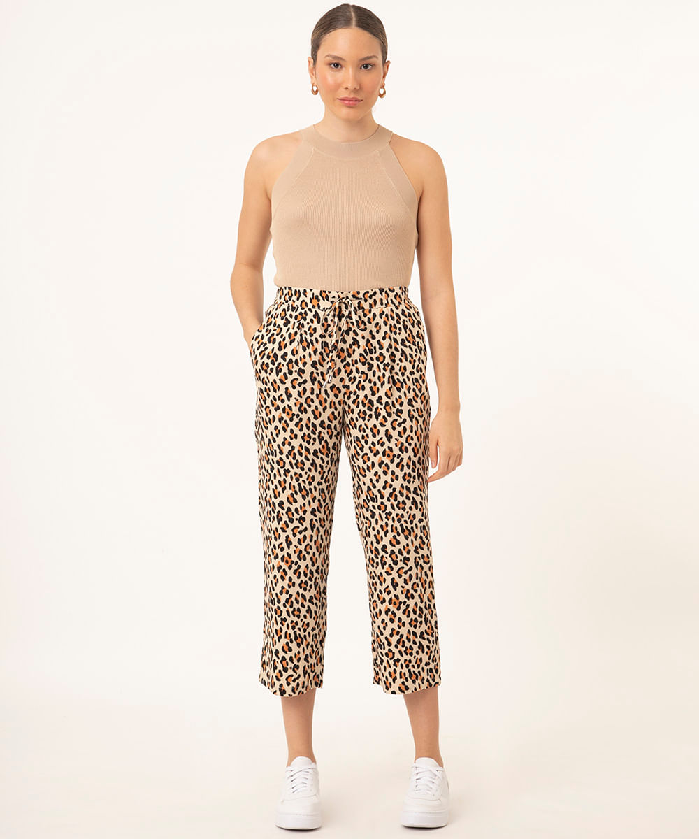calça de viscose jogger animal print cintura alta kaki