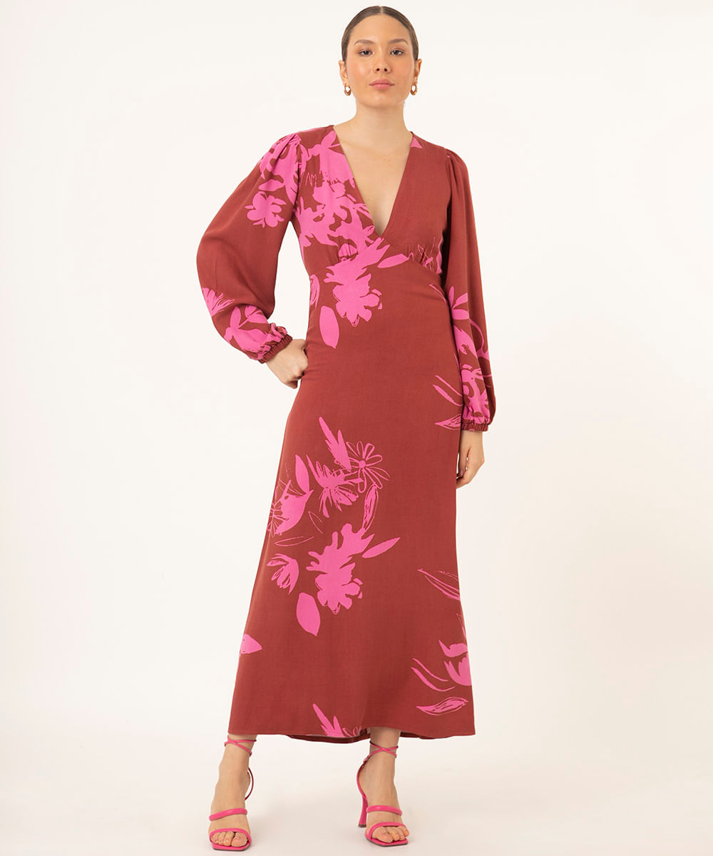 vestido longo de viscose floral manga bufante terracota