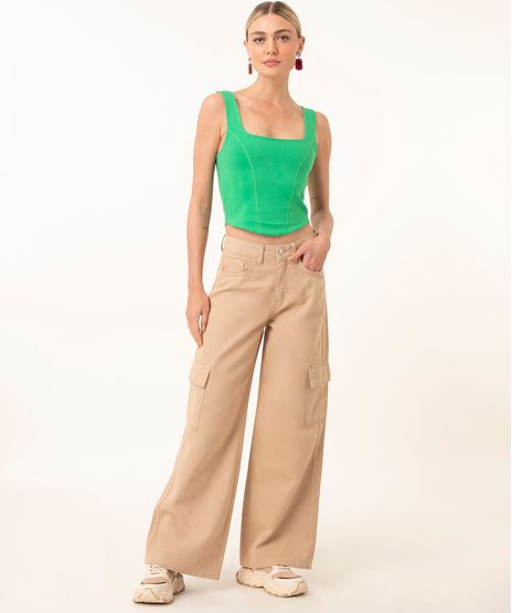 Calça Wide Leg Cargo De Sarja Kaki