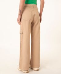 Calça Wide Leg Cargo De Sarja Kaki traseira