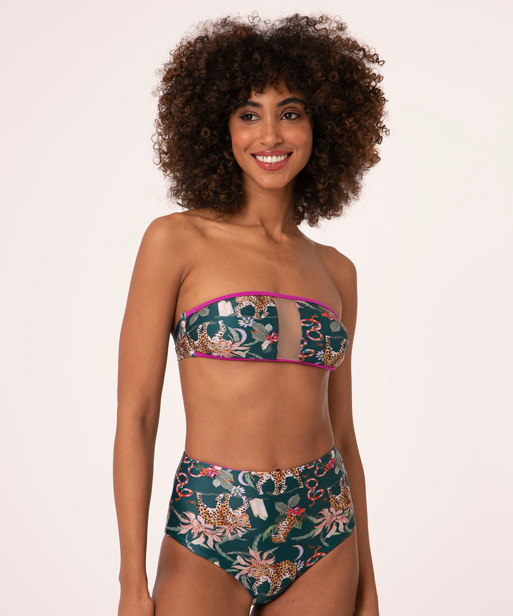 biquíni calcinha tanga hot pants dupla face floresta com proteção uv50+ verde