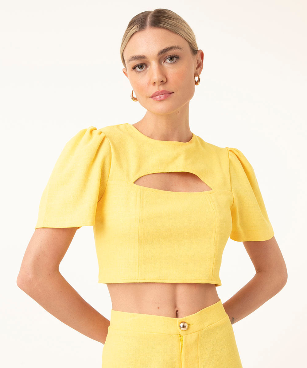 blusa cropped cut out manga bufante amarela