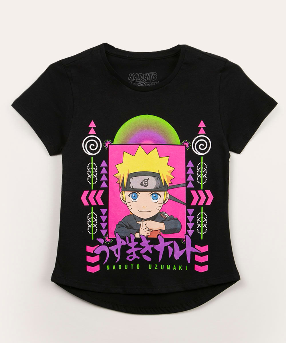 camiseta infantil manga curta naruto preto