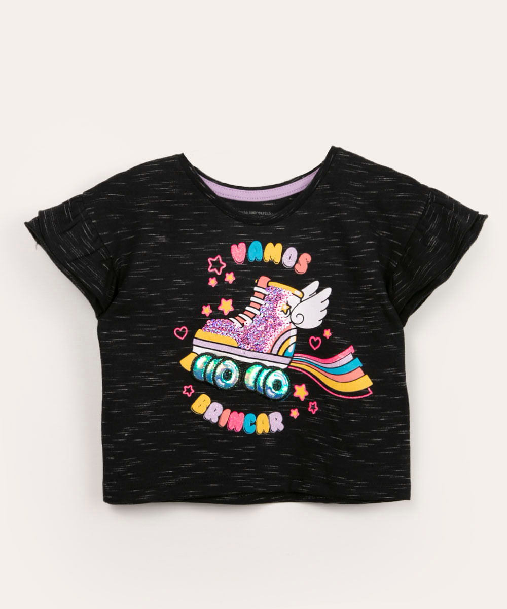 blusa infantil manga curta babados vamos brincar preto