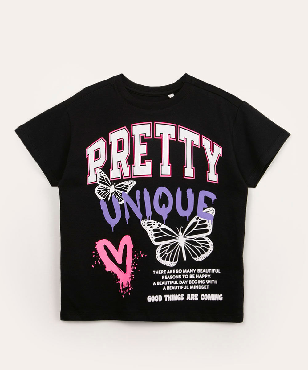 camiseta infantil oversized manga curta pretty preto