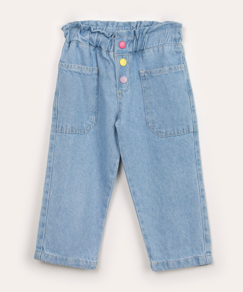 calça jeans infantil clochard botões coloridos azul médio