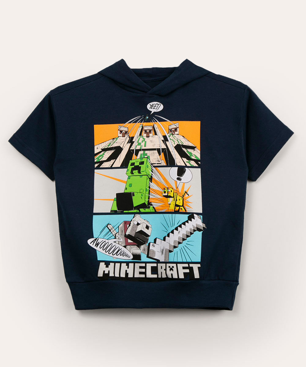 camiseta infantil de moletinho manga curta com capuz minecraft azul marinho