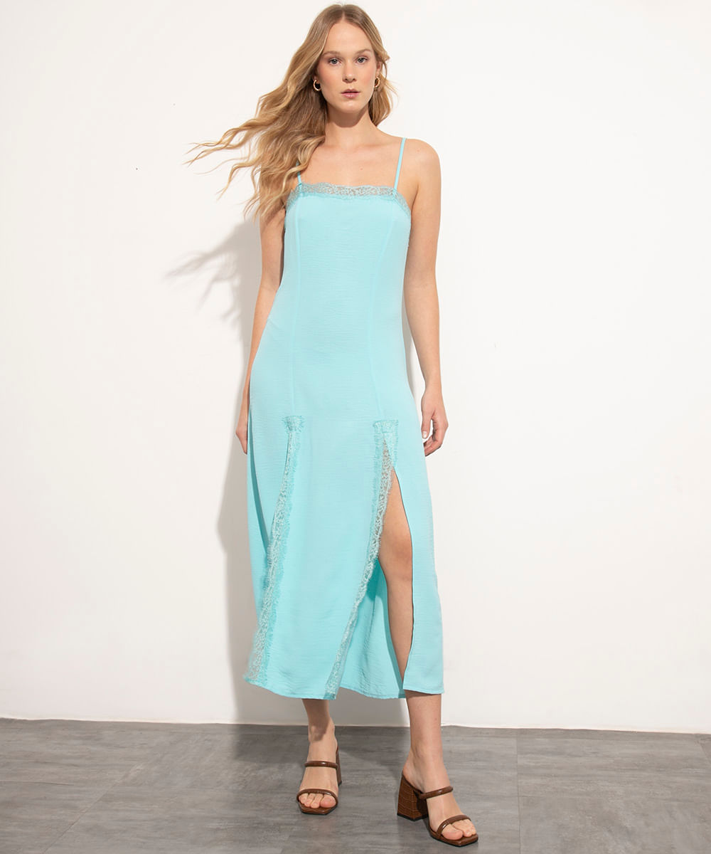 vestido midi renda alça fina mindset azul turquesa