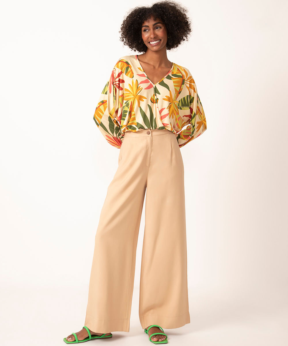 calça wide leg alfaiataria cintura alta bege