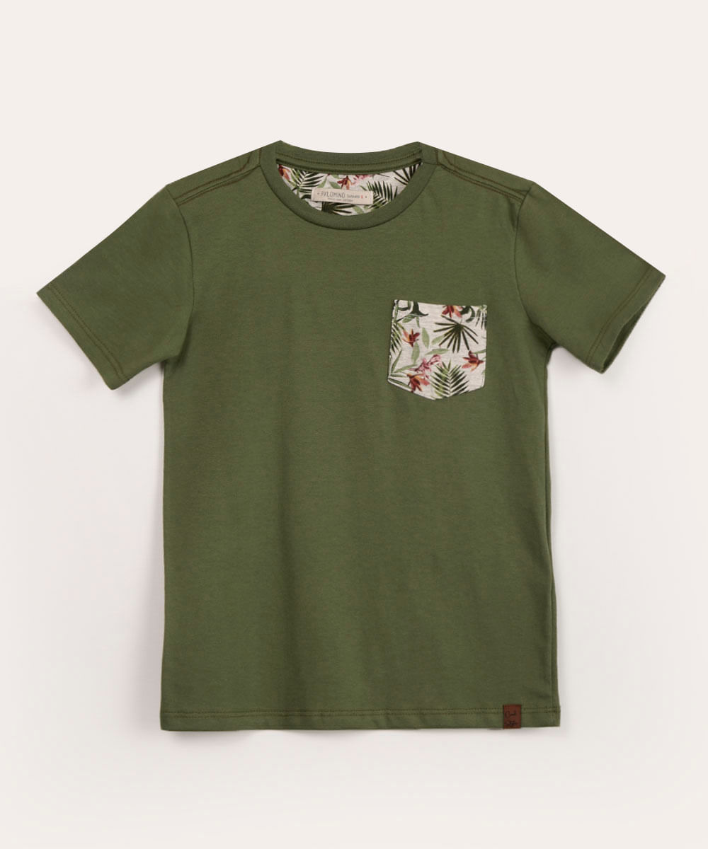 camiseta infantil manga curta com bolso folhagem verde militar