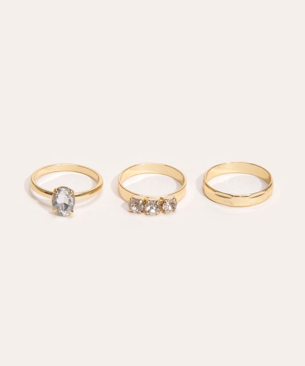 kit de 3 anéis com strass dourado GG