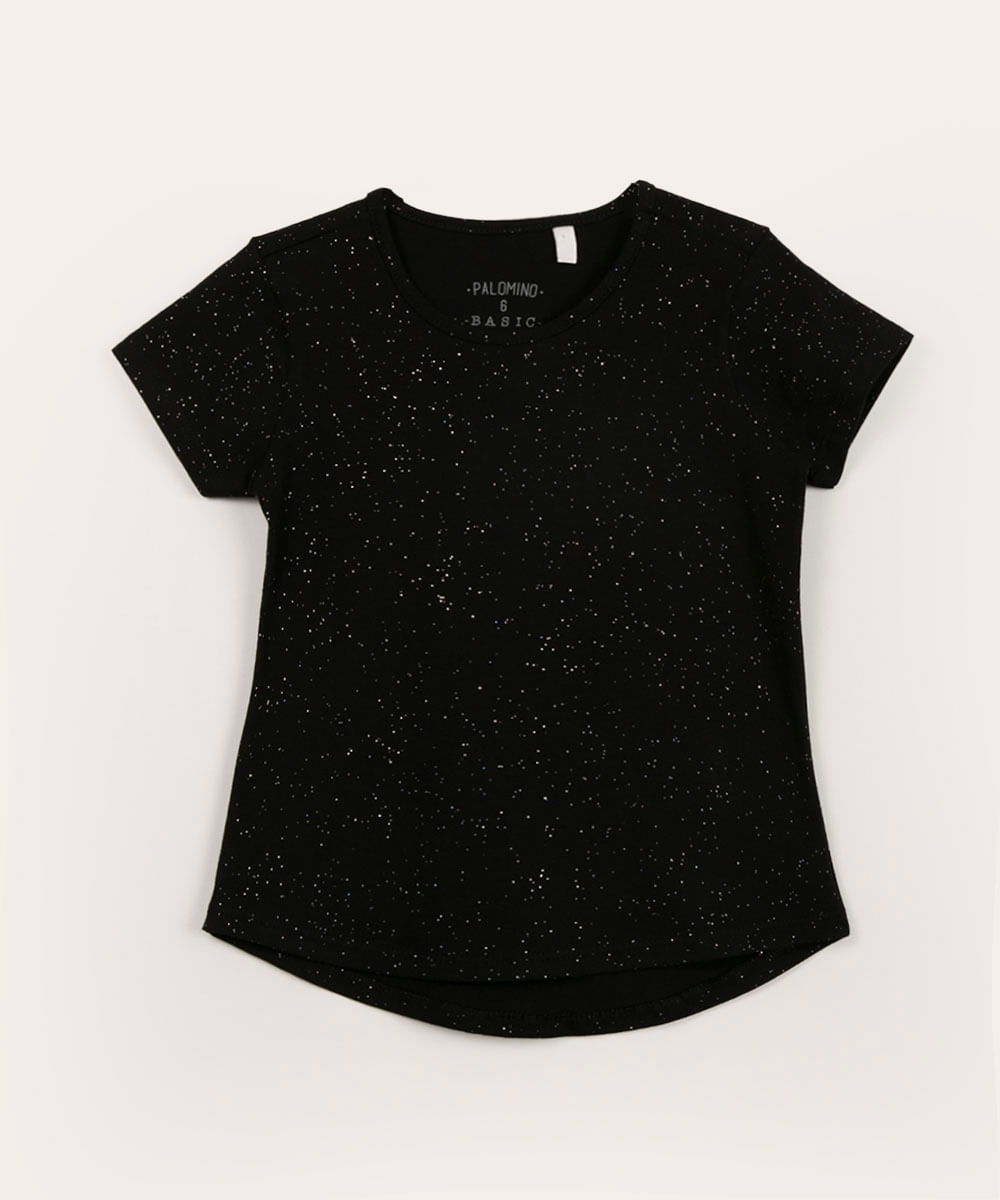 blusa infantil de algodão manga curta com glitter preta