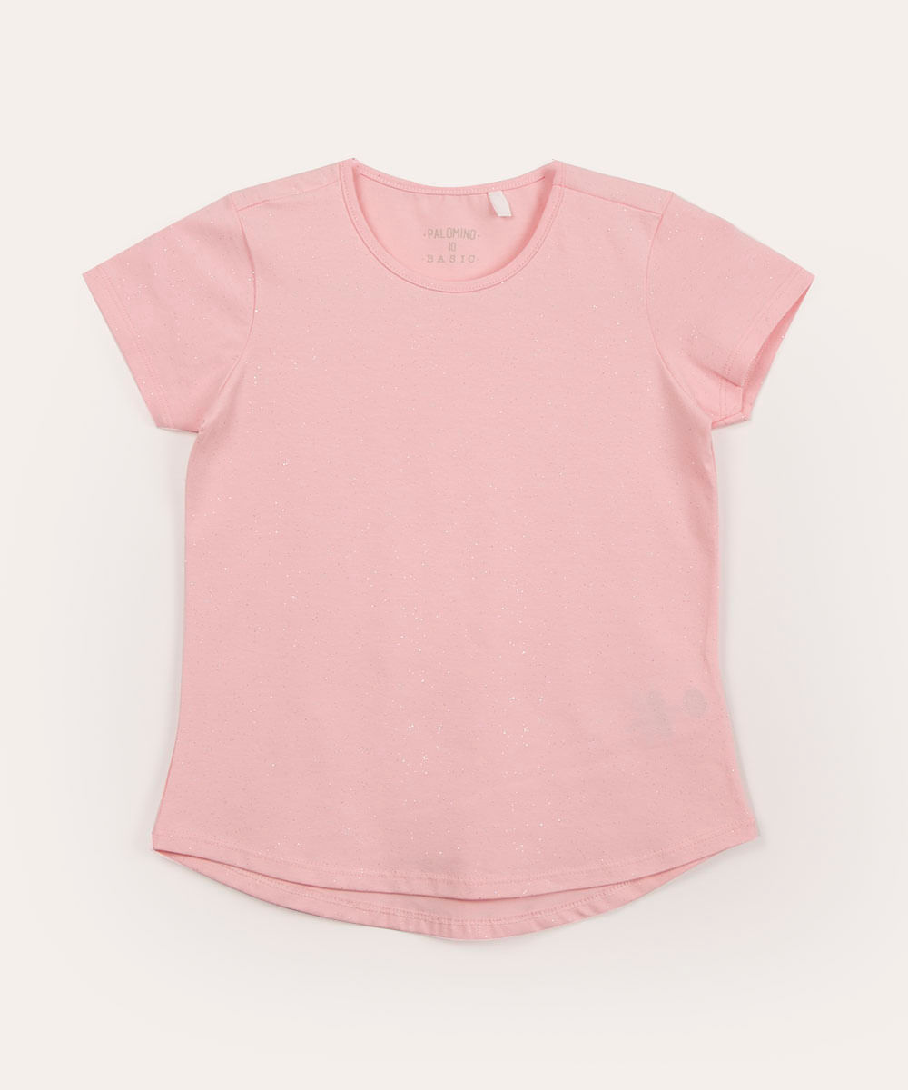 blusa infantil de algodão manga curta com glitter rosa