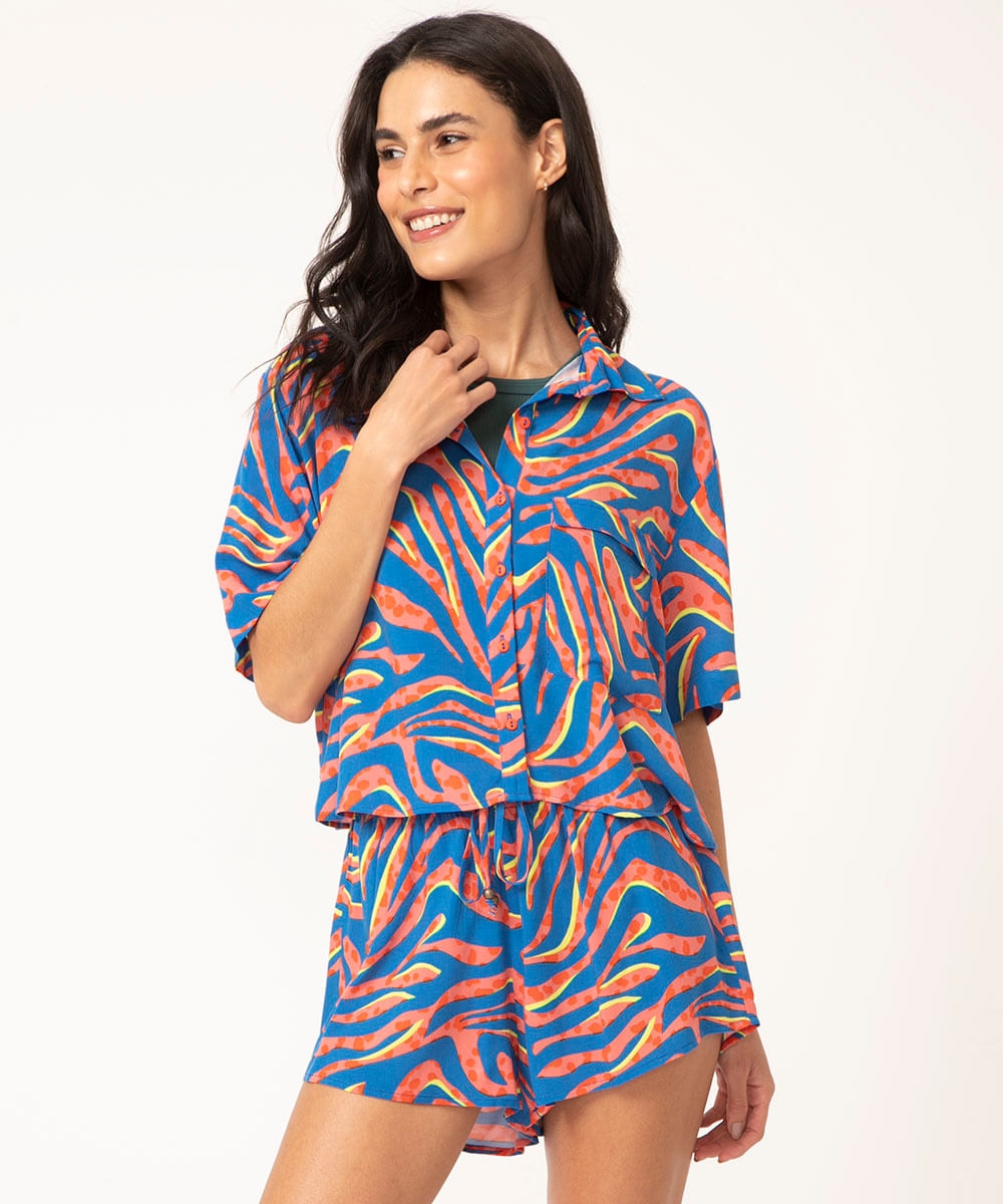 short runner de viscose animal print neon azul