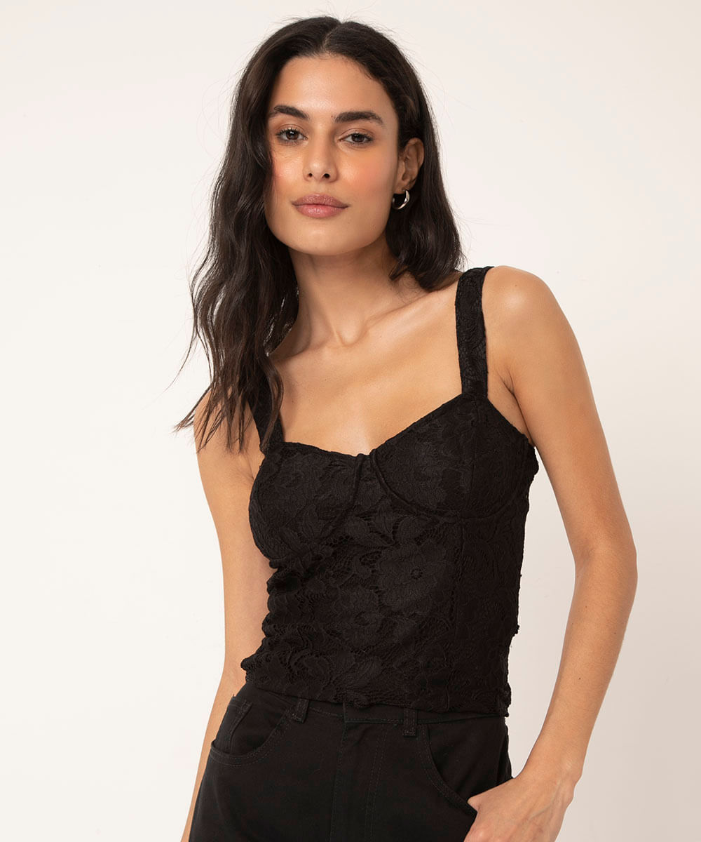 blusa de renda corset alça média preto