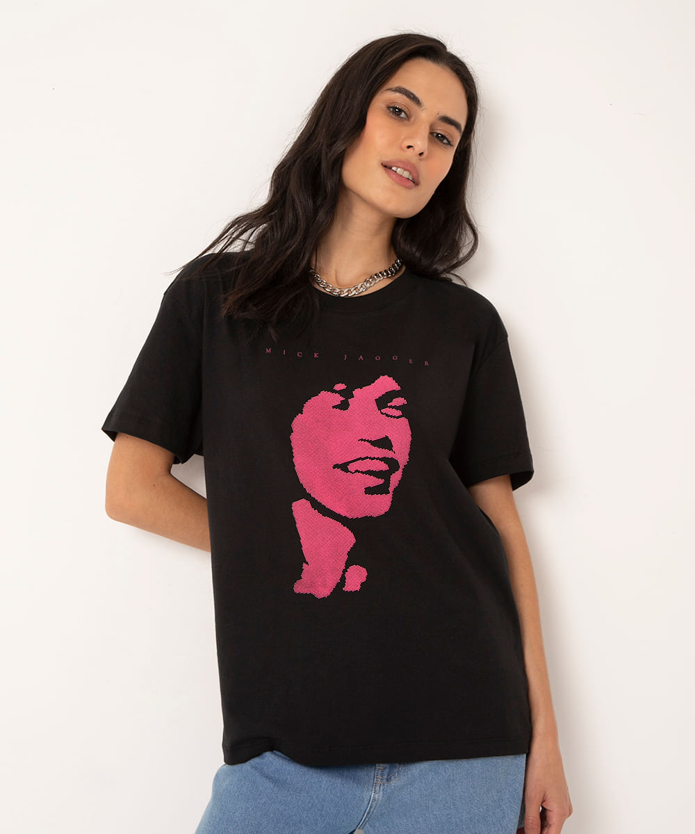 camiseta de algodão manga curta mick jagger rolling stones preto