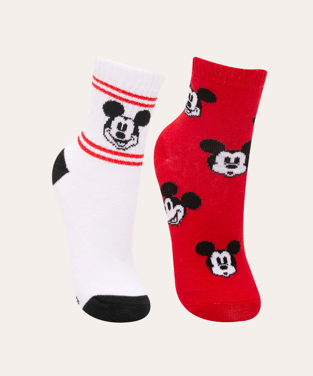 kit de 2 pares de meias infantis cano médio mickey mouse multicor