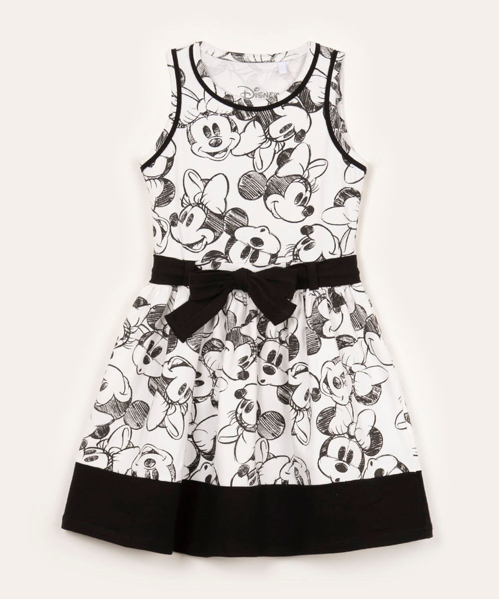 vestido infantil sem manga minnie com laço off white