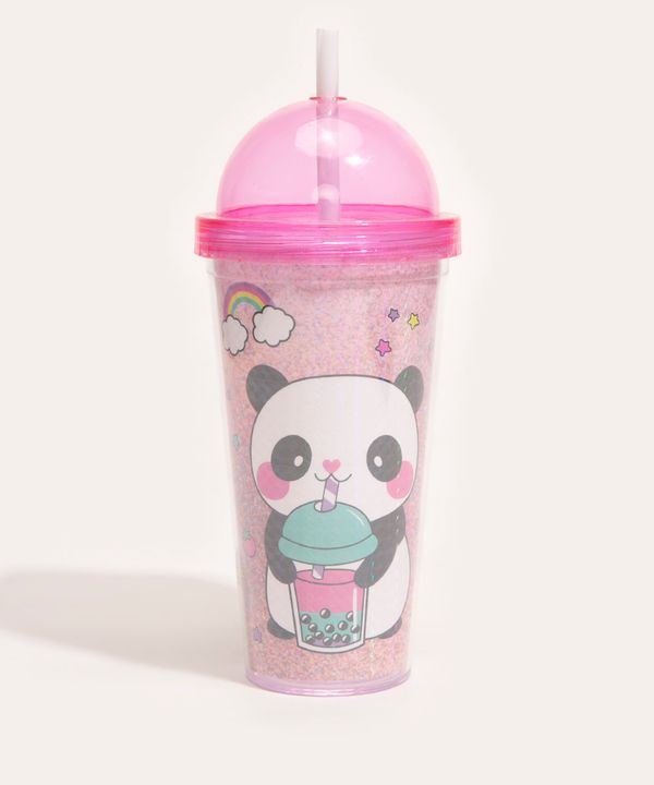 copo com tampa e canudo panda rosa Único