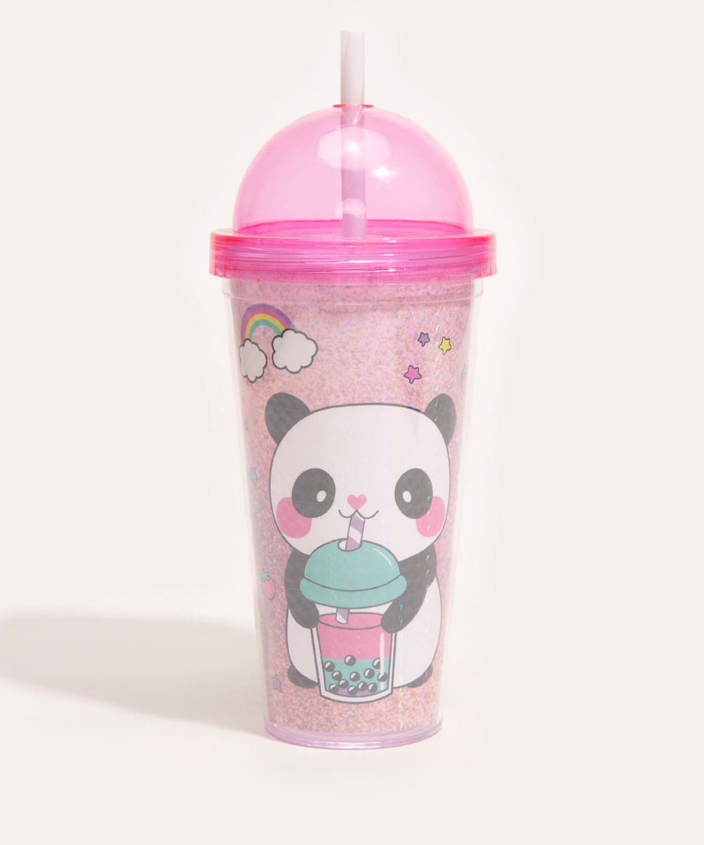 copo com tampa e canudo panda rosa