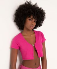 blusa canelada cropped manga curta abertura frontal borboleta pink