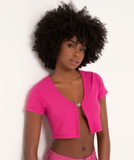 blusa canelada cropped manga curta abertura frontal borboleta pink blusa canelada cropped manga curta abertura frontal borboleta pink