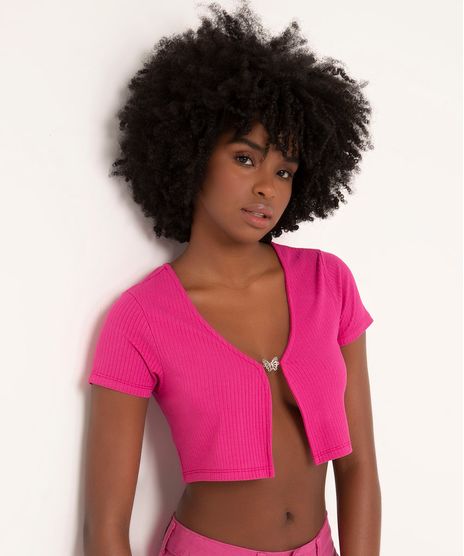 blusa canelada cropped manga curta abertura frontal borboleta pink