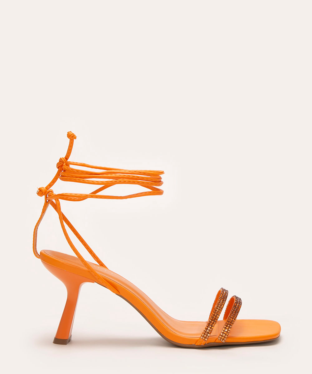 sandália amarração com strass salto médio oneself laranja
