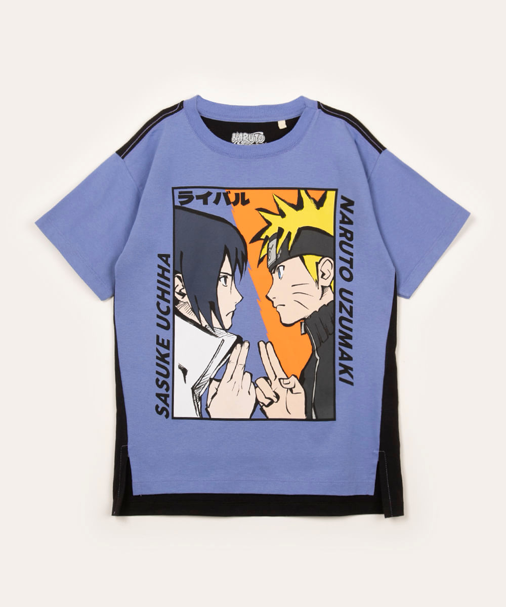 camiseta infantil manga curta recorte naruto e sasuke lilás