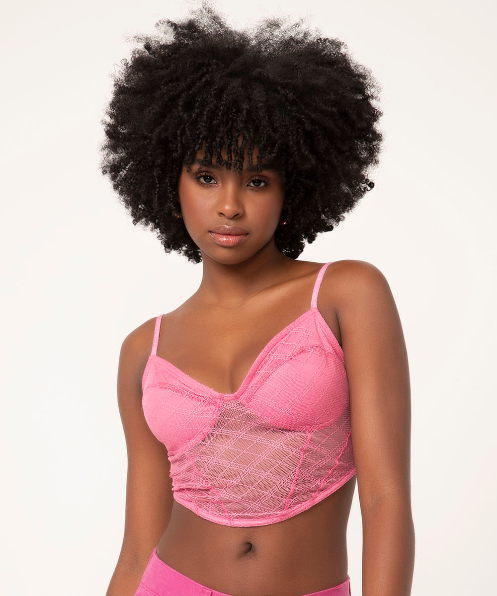 blusa corset cropped de tule alça fina pink