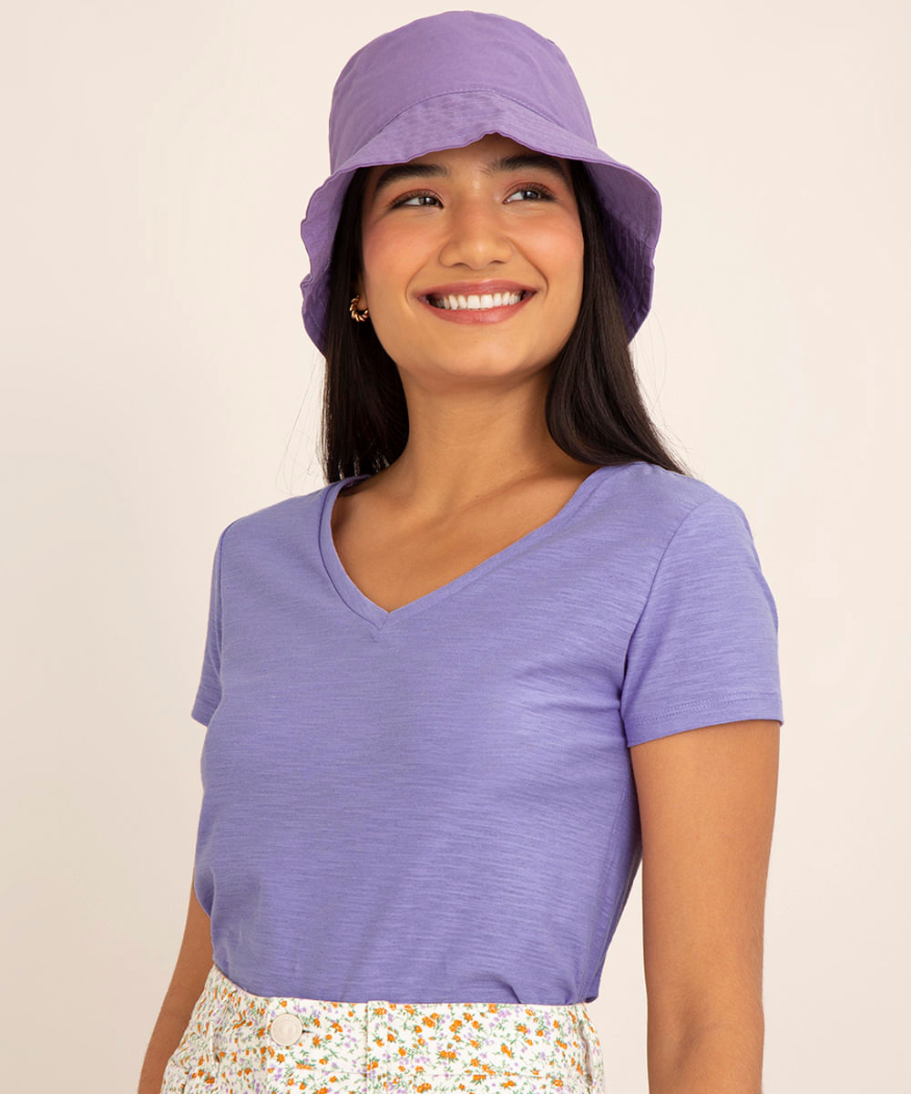blusa feminina básica flamê decote v manga curta roxo médio