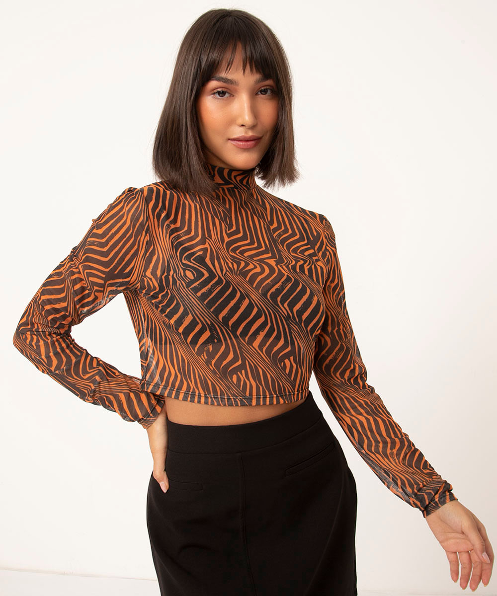 blusa cropped de tule animal print manga longa gola alta laura pascoal preta