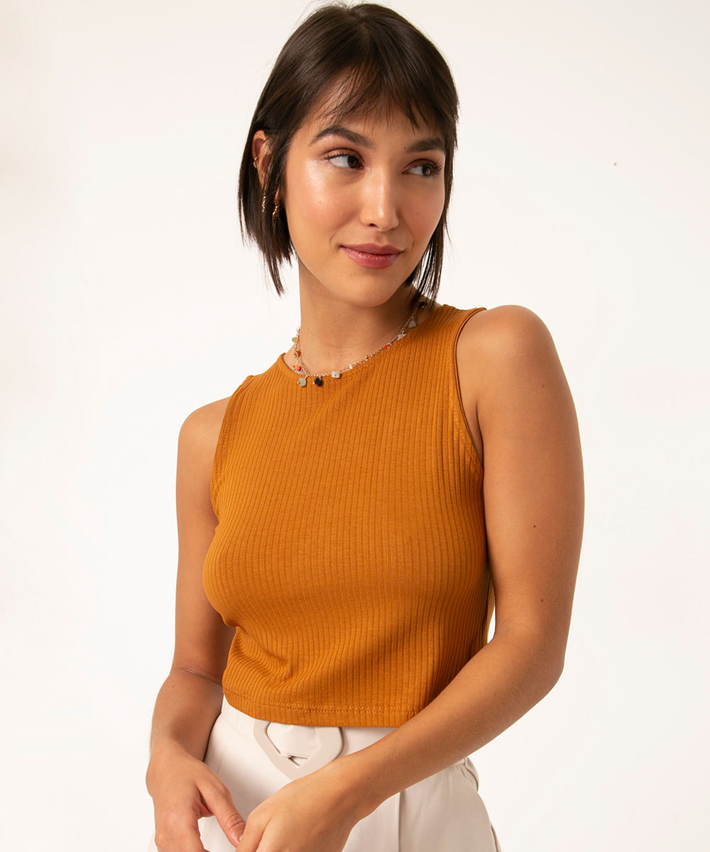 cropped de viscose básico marrom médio