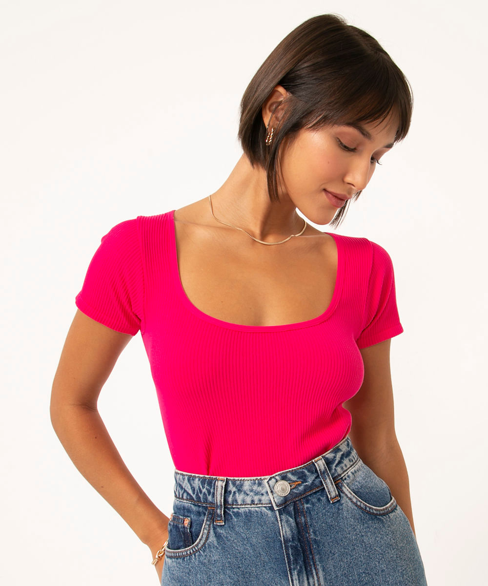 blusa de poliamida decote redondo manga curta pink