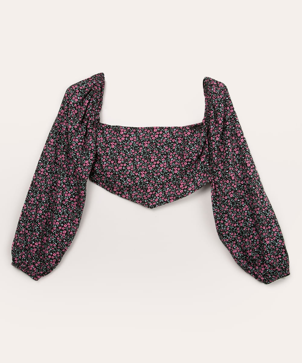 blusa juvenil cropped de viscose manga bufante multicor
