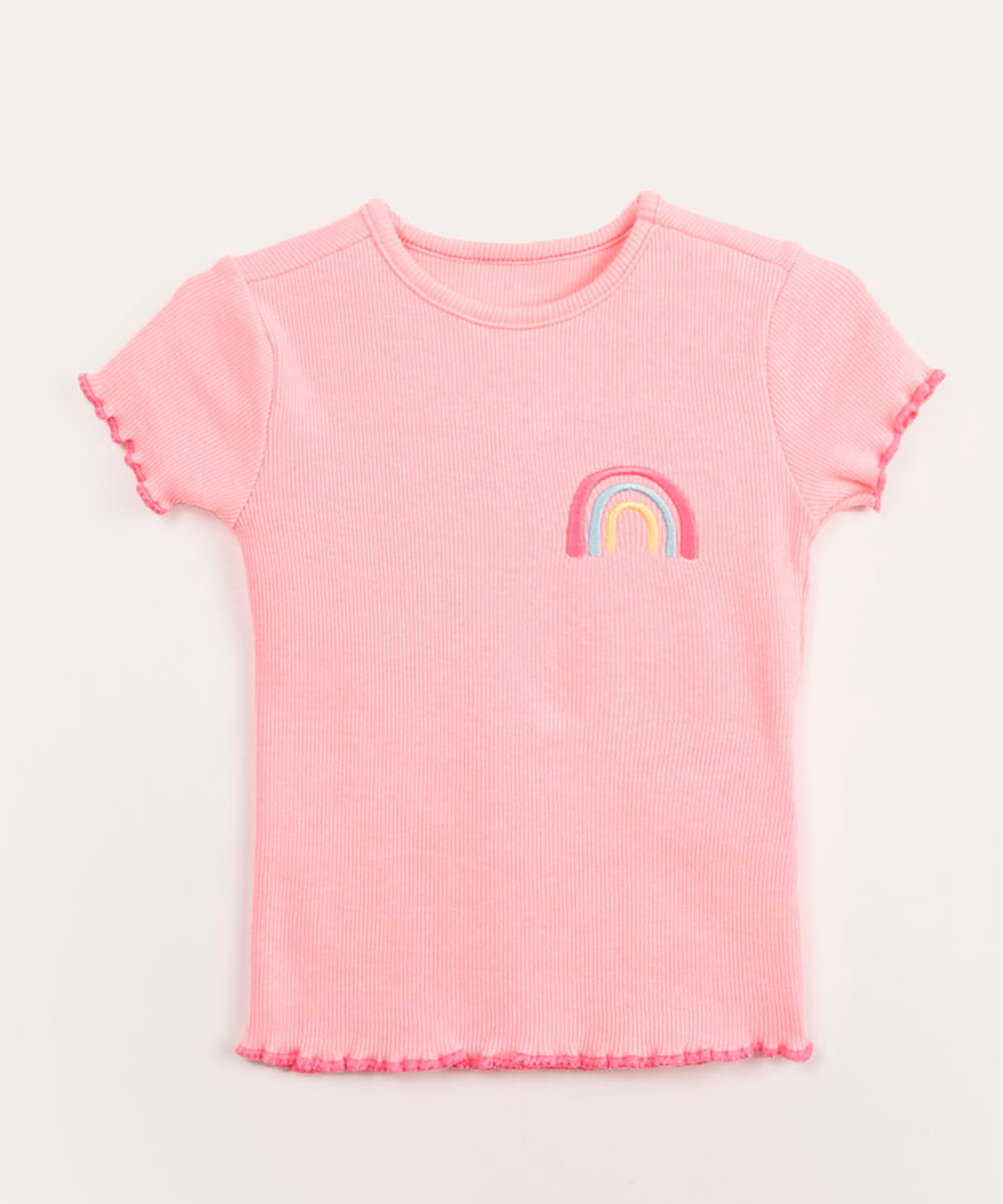 blusa infantil canelada manga curta arco-íris rosa